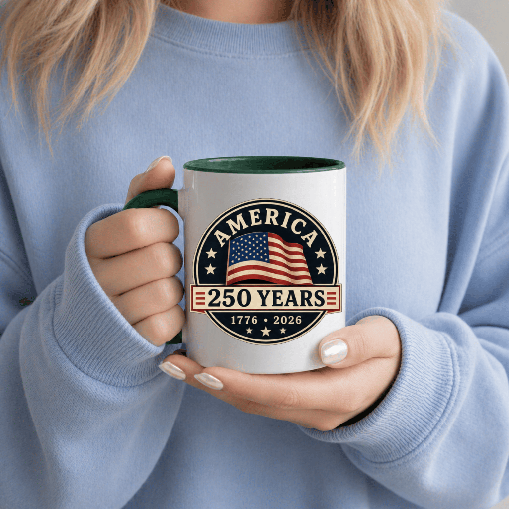 Retro USA 250 Years Accent Mug – 1776-2026 Independence Day Patriotic Gift for Men Women, American Flag Graphic - detail view